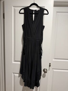 Ramy Brook Black Sleeveless V-Neck Midi Dress with embroidery details and tassel